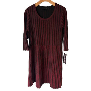 Nina Leonard Red and Black Ribbed Shimmer Midi Dress Medium